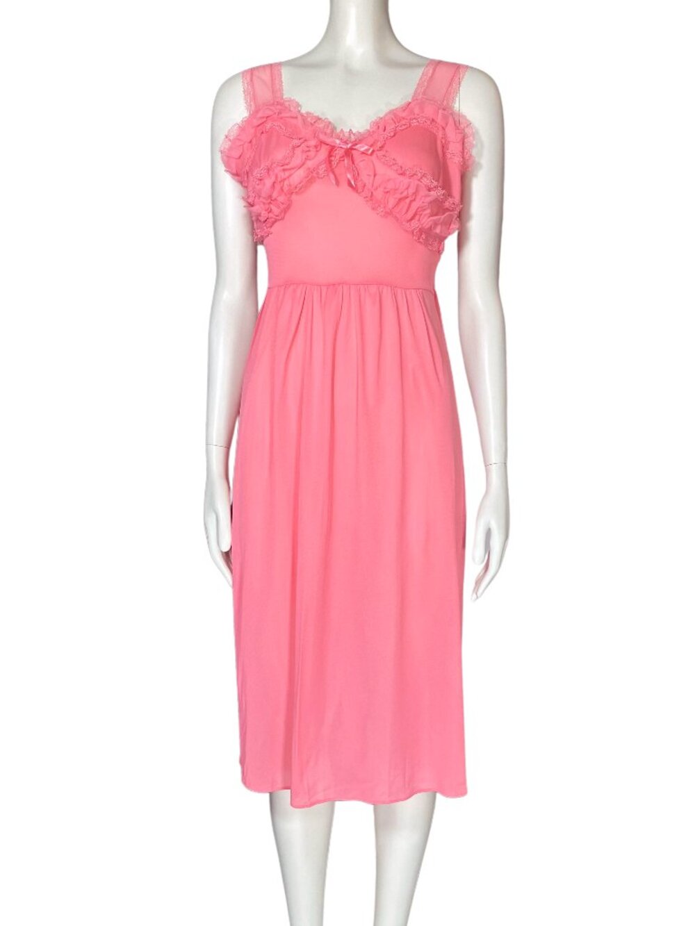 Vintage 60s Barbie Pink Midi Slip Dress Nightgown. Small. Lace Ruffles Coquette